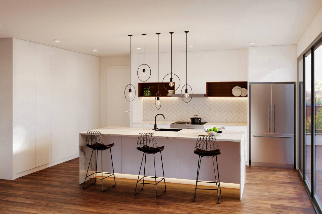 Classic white kitchen with black accessories and kitchen island with contemporary stools