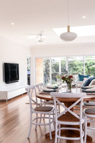 hamptons dining room with white and timber furniture